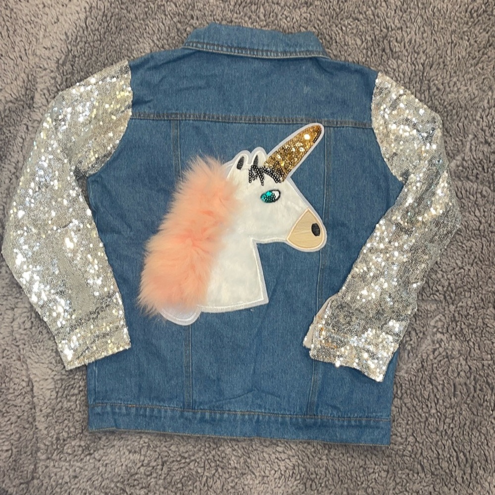 Unicorn appliqué faux fur and sequin denim jacket fabulous